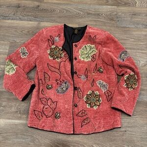 Vtg Alex Kim Coral Red Embroidered Floral Button-Up Jacket Boho Chic – Medium